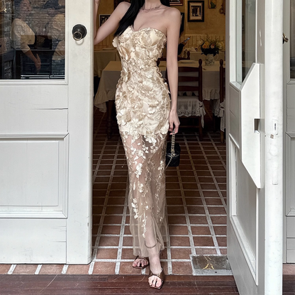 Sweetheart neck flower applique tube maxi dress