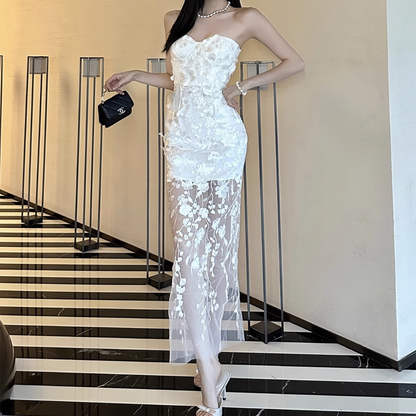 Sweetheart neck flower applique tube maxi dress