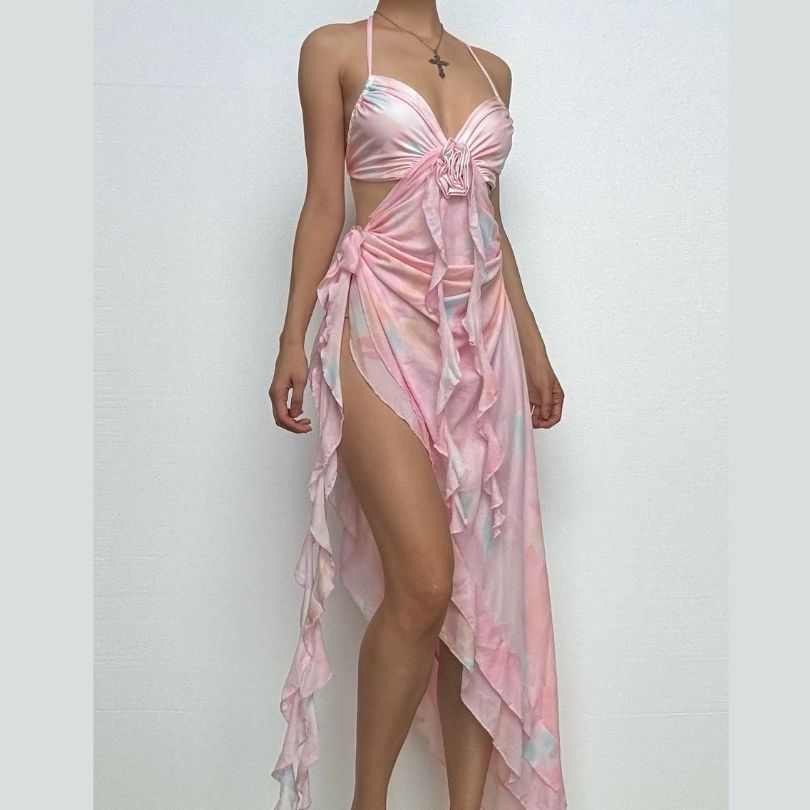 Halter flower applique ruffle backless slit maxi dress