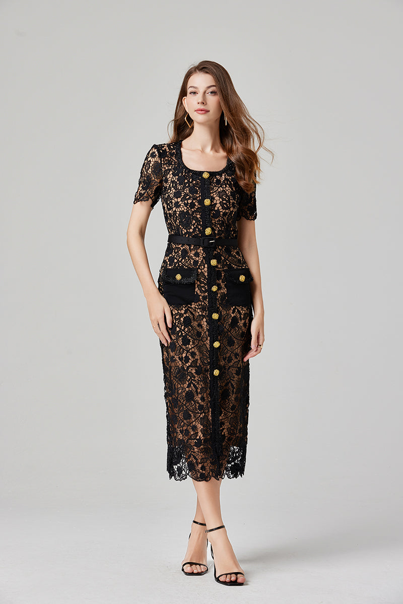 Floral Lace Button Front Belted Patch Pocket Midi Dress