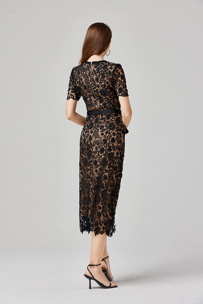 Floral Lace Button Front Belted Patch Pocket Midi Dress