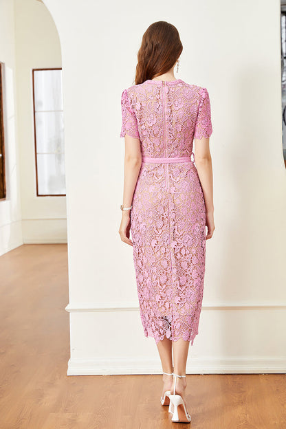 Floral Lace Button Front Belted Patch Pocket Midi Dress