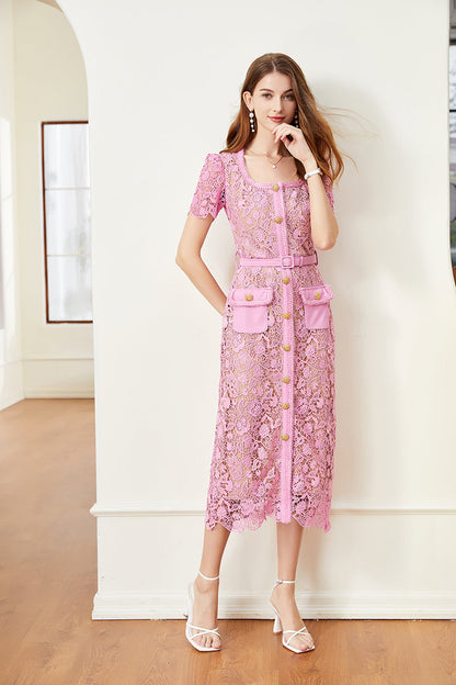 Floral Lace Button Front Belted Patch Pocket Midi Dress
