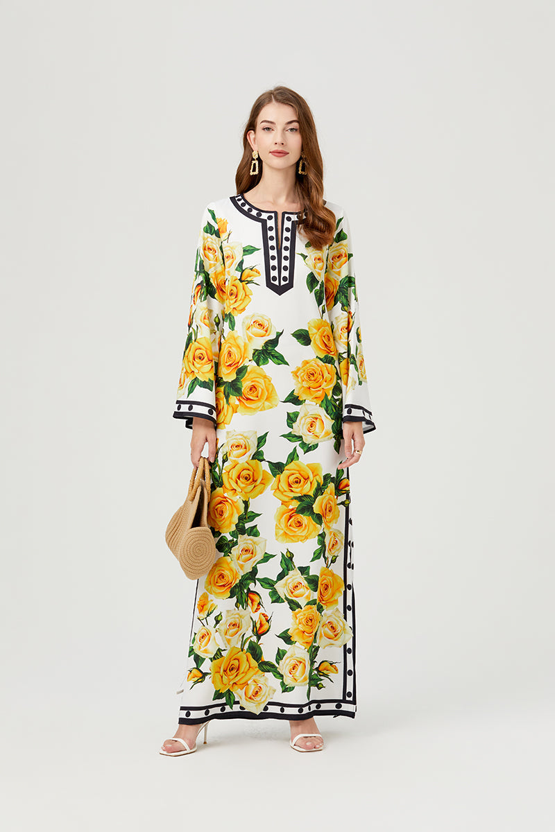 Floral Print Notched Neck Contrast Trim Kaftan Maxi Dress