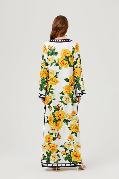 Floral Print Notched Neck Contrast Trim Kaftan Maxi Dress