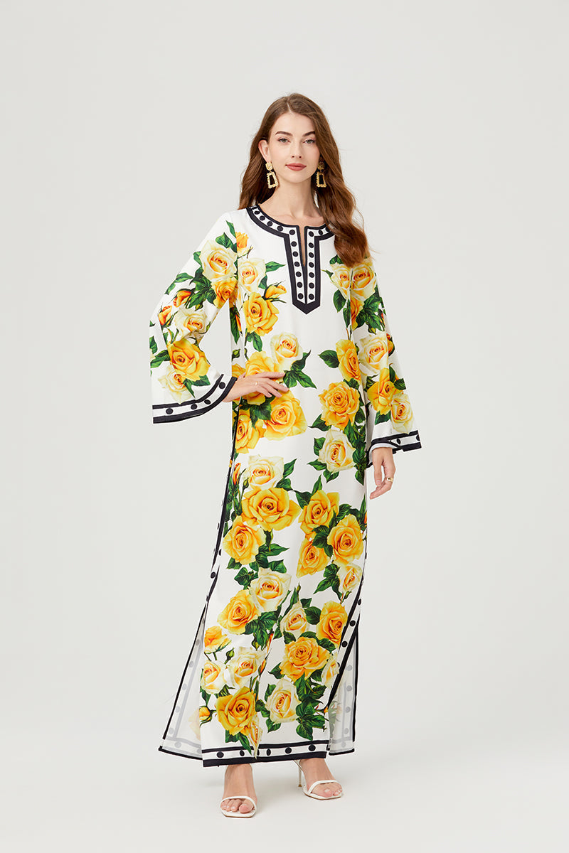 Floral Print Notched Neck Contrast Trim Kaftan Maxi Dress