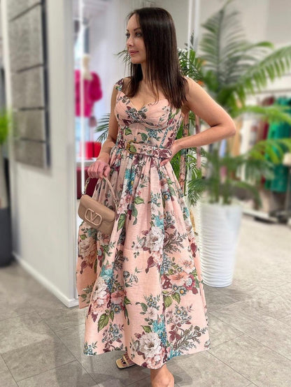 Floral Print Tied Strap Belt Dress