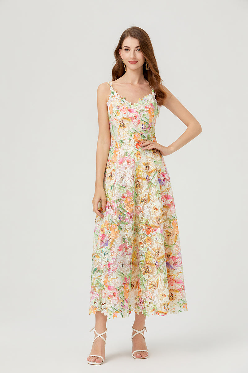 Floral Lace V-Neck Scalloped Edge Sleeveless Midi Dress