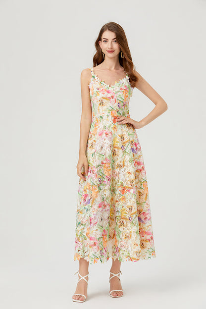 Floral Lace V-Neck Scalloped Edge Sleeveless Midi Dress