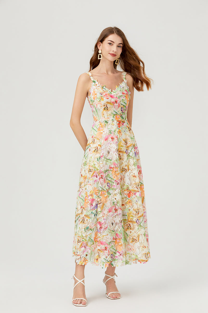 Floral Lace V-Neck Scalloped Edge Sleeveless Midi Dress
