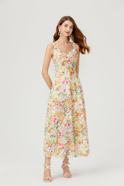 Floral Lace V-Neck Scalloped Edge Sleeveless Midi Dress