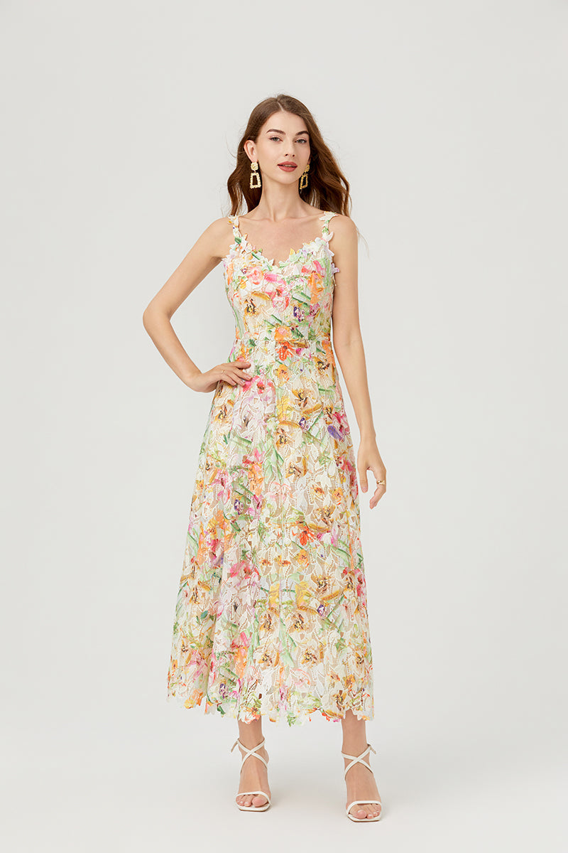 Floral Lace V-Neck Scalloped Edge Sleeveless Midi Dress