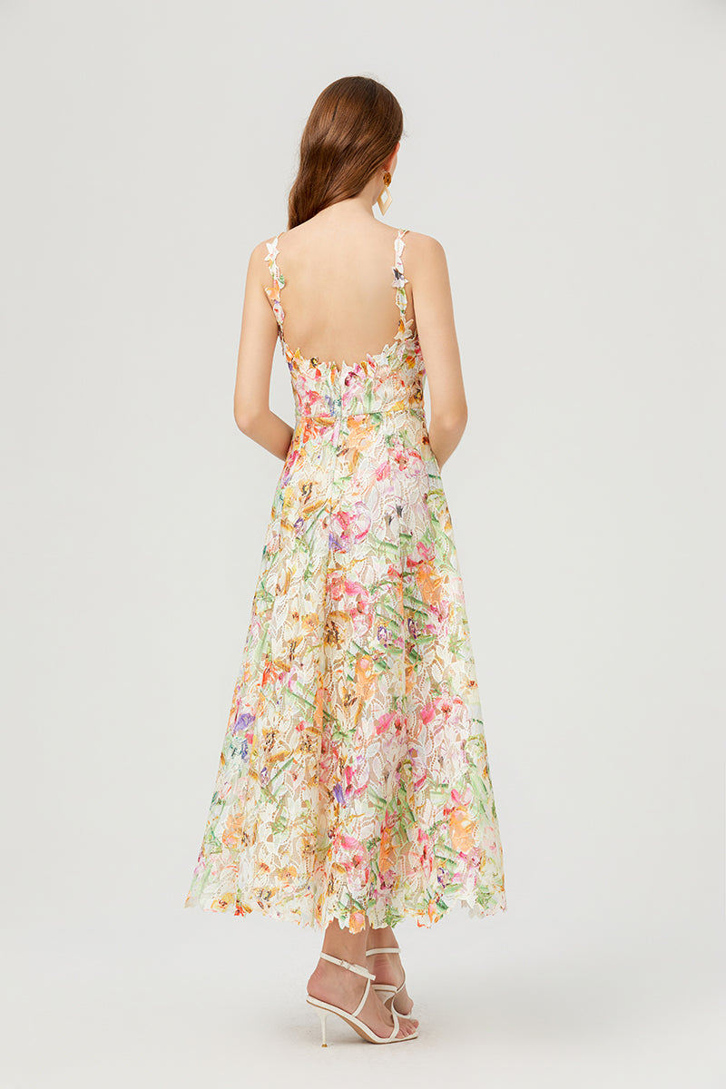 Floral Lace V-Neck Scalloped Edge Sleeveless Midi Dress