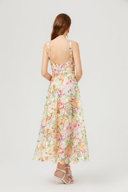 Floral Lace V-Neck Scalloped Edge Sleeveless Midi Dress