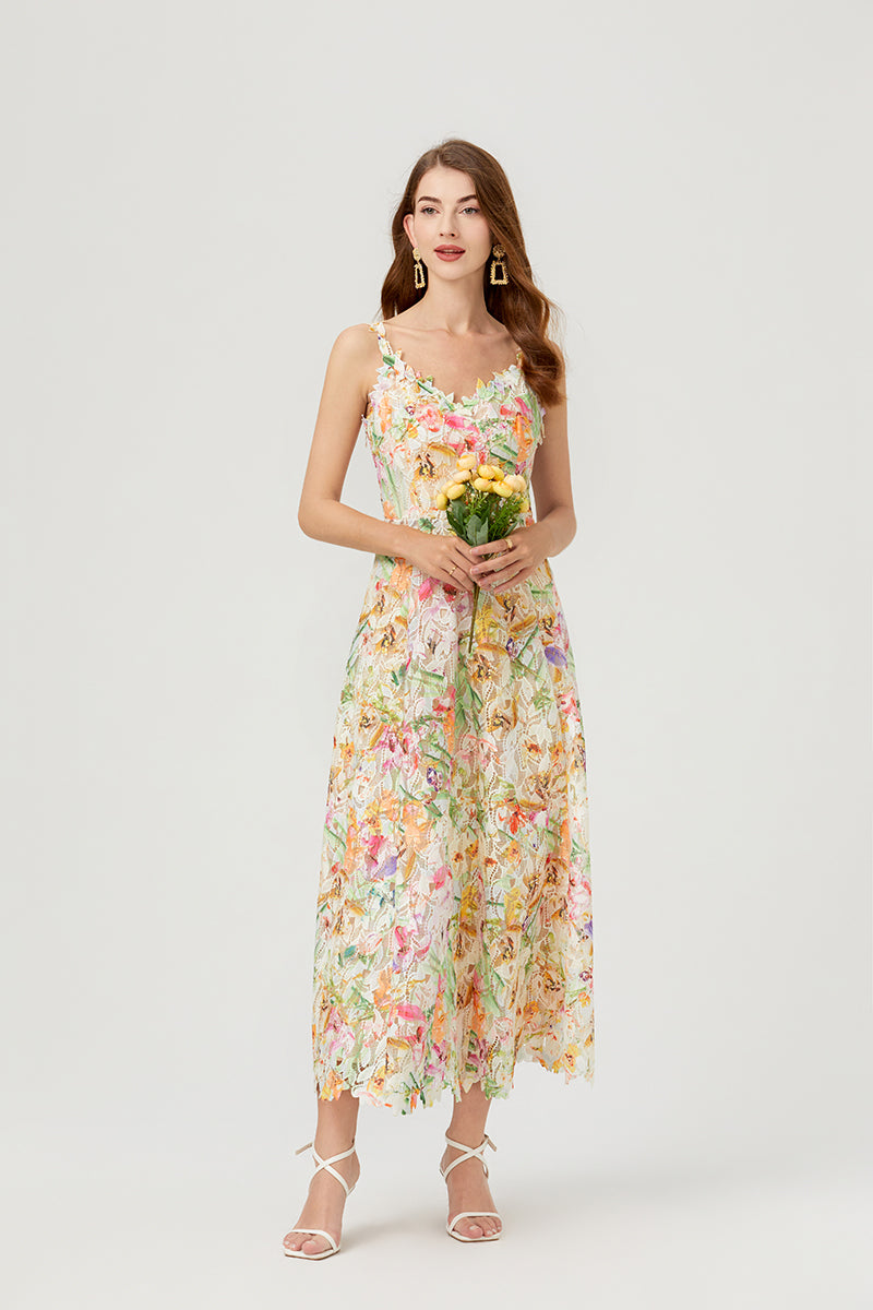 Floral Lace V-Neck Scalloped Edge Sleeveless Midi Dress