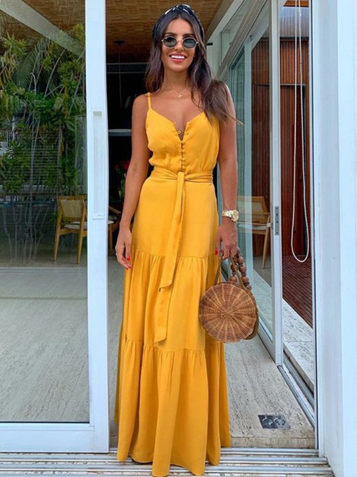 Boho Maxi Slip Dress for Women - Button Up Waist Tie Tiered Sundress - Summer Beach Vacation 2026