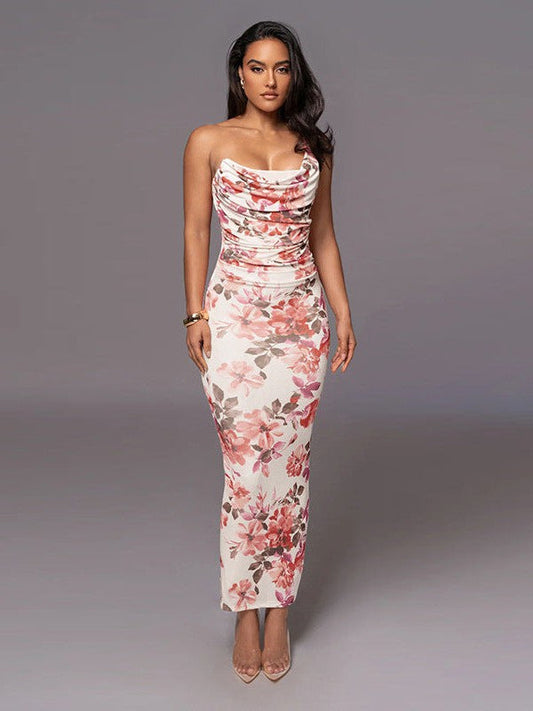 Floral Print One Shoulder Suspender Sheath Dress