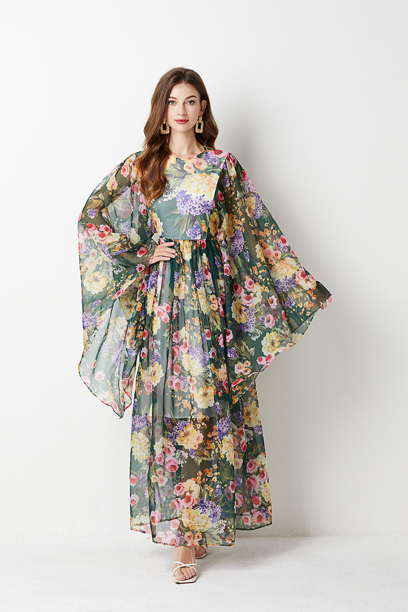 Floral Print Butterfly Sleeve Round Neck Gathered Waist Maxi Dress