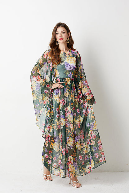 Floral Print Butterfly Sleeve Round Neck Gathered Waist Maxi Dress