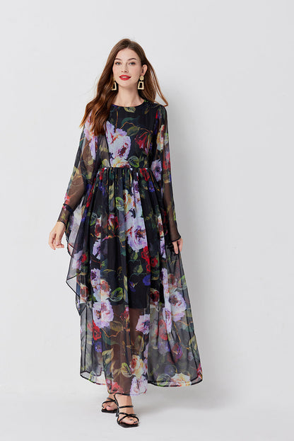 Floral Print Butterfly Sleeve Round Neck Gathered Waist Maxi Dress