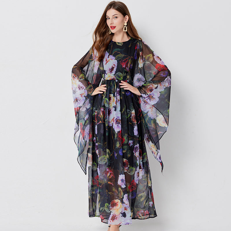 Floral Print Butterfly Sleeve Round Neck Gathered Waist Maxi Dress