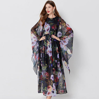 Floral Print Butterfly Sleeve Round Neck Gathered Waist Maxi Dress