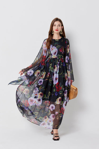Floral Print Butterfly Sleeve Round Neck Gathered Waist Maxi Dress
