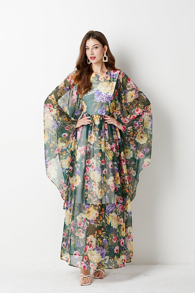 Floral Print Butterfly Sleeve Round Neck Gathered Waist Maxi Dress