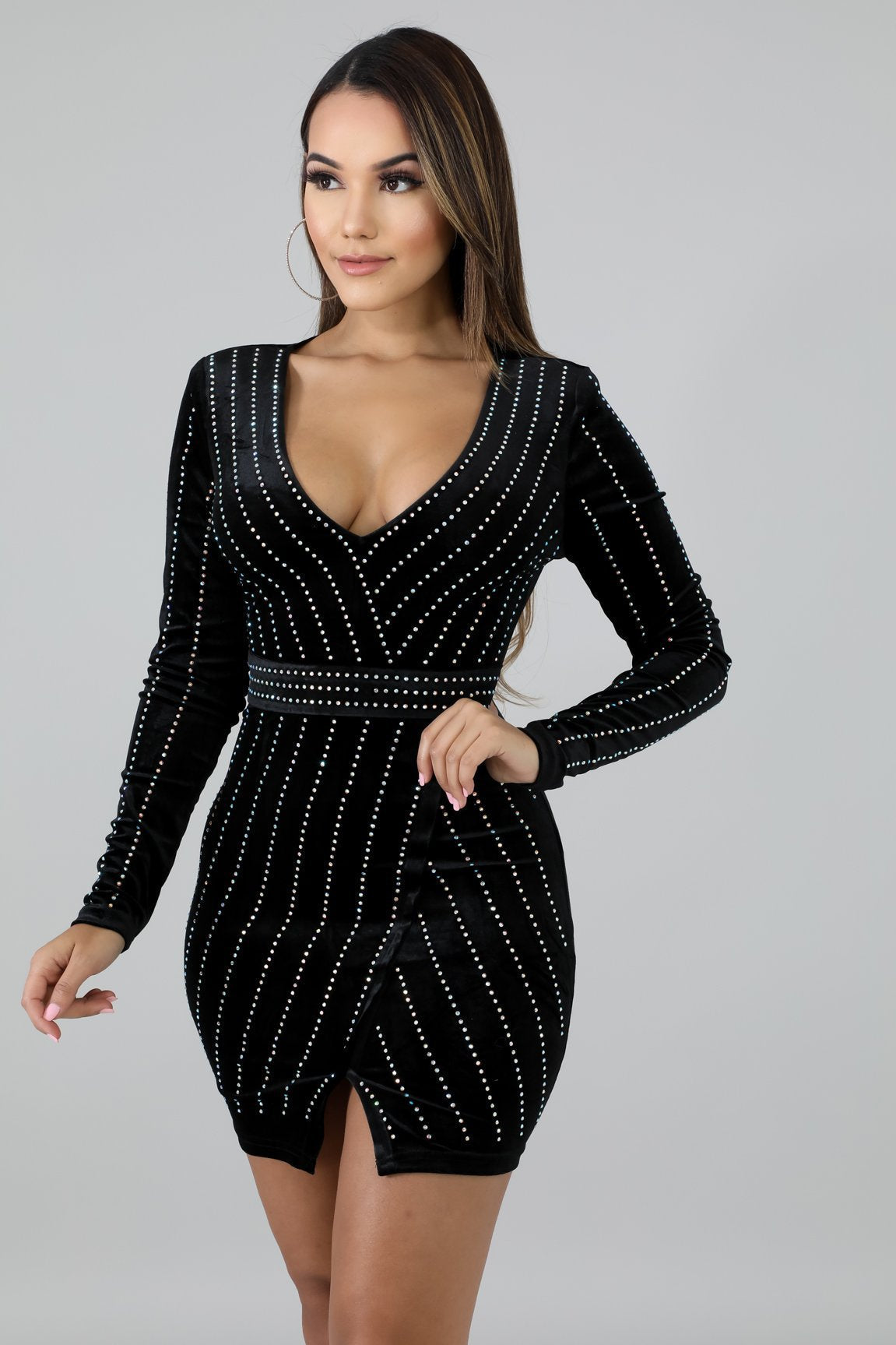 Studded Velvet Wrap Surplice Long Sleeve Bodycon Mini Dress