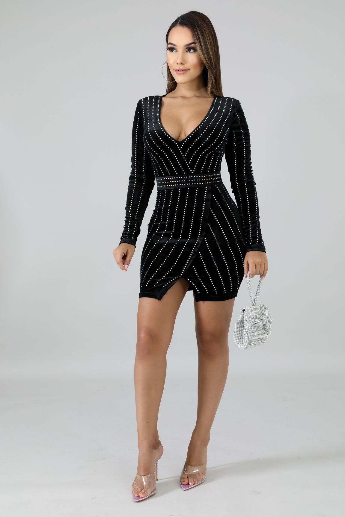 Studded Velvet Wrap Surplice Long Sleeve Bodycon Mini Dress