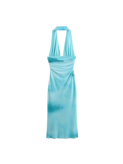 Halterneck Tie Dye Print Backless Dress