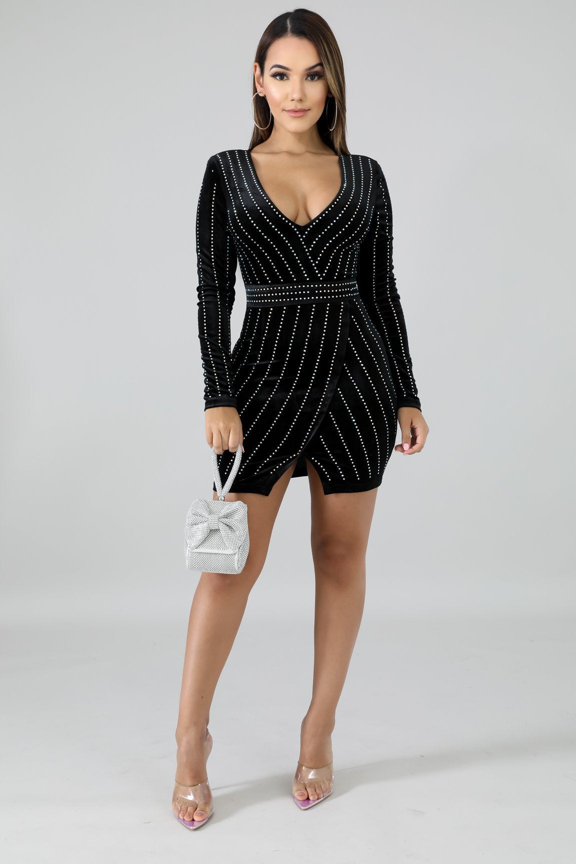 Studded Velvet Wrap Surplice Long Sleeve Bodycon Mini Dress