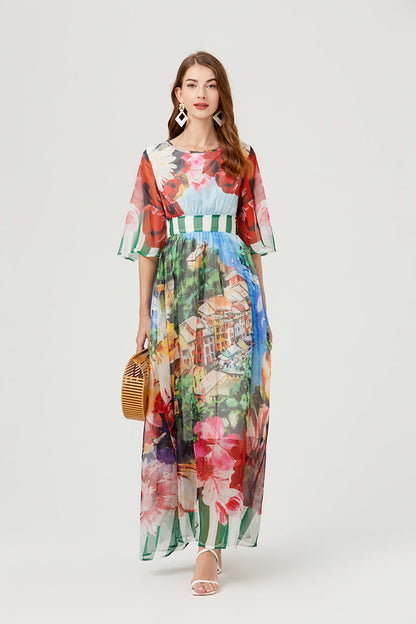 Scenic Landscape Floral Print Bell Sleeve Banded Waist Chiffon Maxi Dress