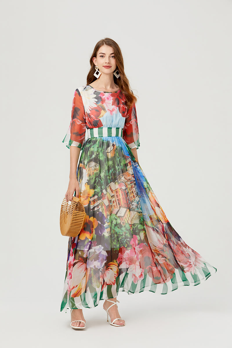 Scenic Landscape Floral Print Bell Sleeve Banded Waist Chiffon Maxi Dress