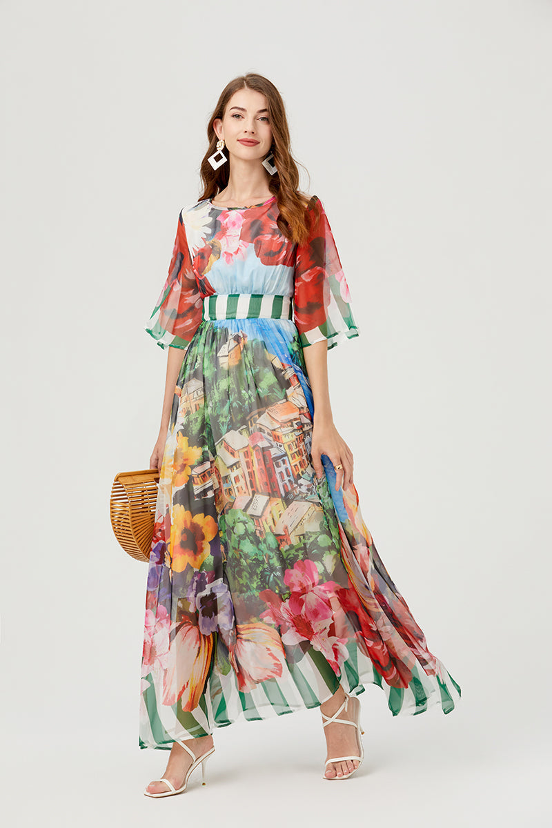 Scenic Landscape Floral Print Bell Sleeve Banded Waist Chiffon Maxi Dress