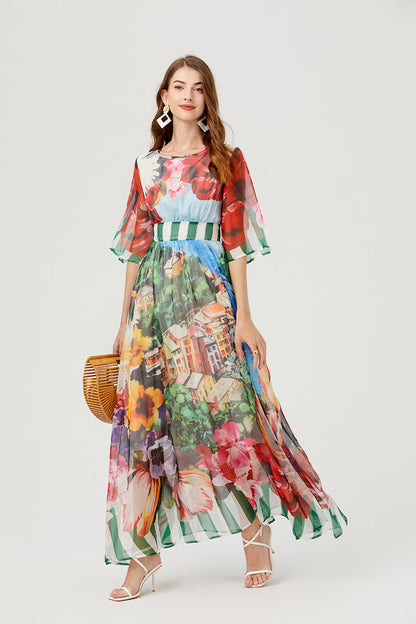 Scenic Landscape Floral Print Bell Sleeve Banded Waist Chiffon Maxi Dress