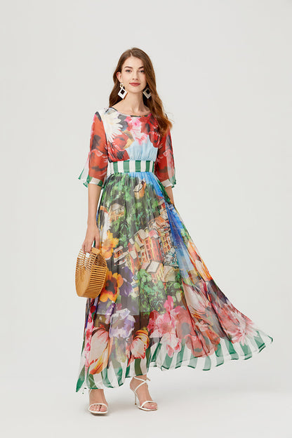 Scenic Landscape Floral Print Bell Sleeve Banded Waist Chiffon Maxi Dress