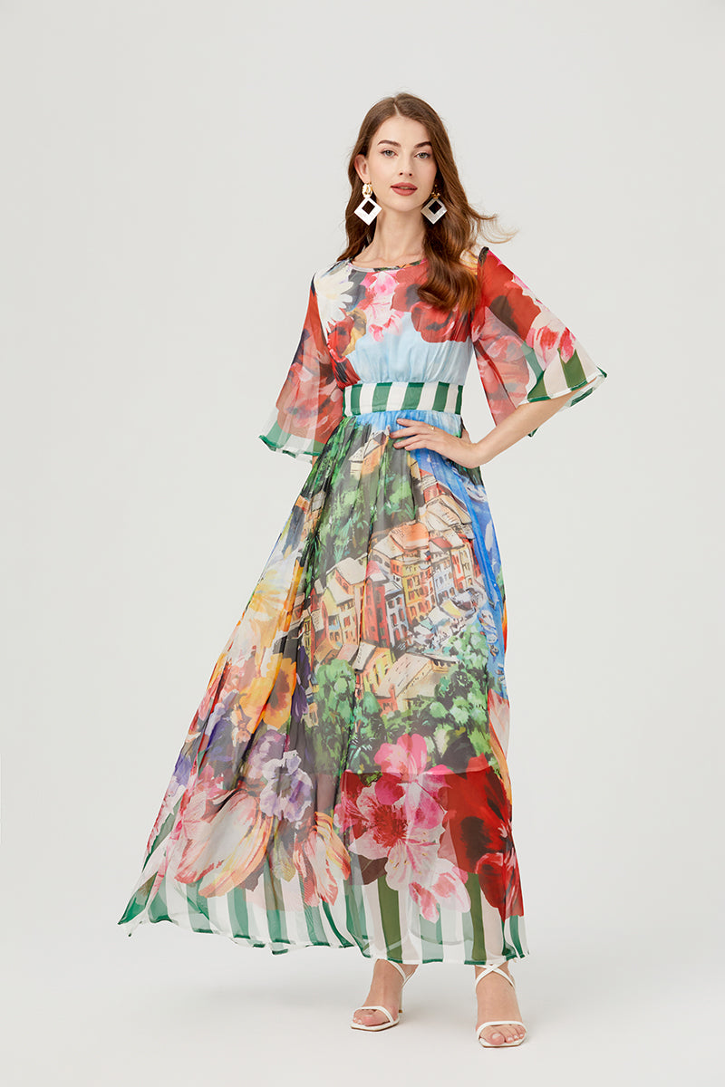 Scenic Landscape Floral Print Bell Sleeve Banded Waist Chiffon Maxi Dress