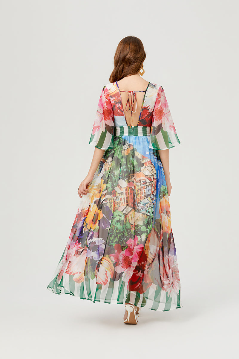 Scenic Landscape Floral Print Bell Sleeve Banded Waist Chiffon Maxi Dress