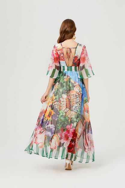 Scenic Landscape Floral Print Bell Sleeve Banded Waist Chiffon Maxi Dress