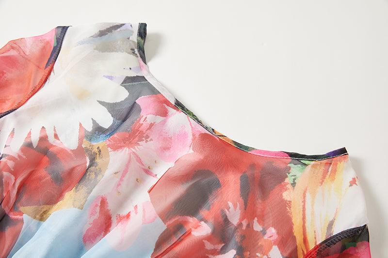 Scenic Landscape Floral Print Bell Sleeve Banded Waist Chiffon Maxi Dress