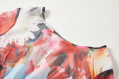 Scenic Landscape Floral Print Bell Sleeve Banded Waist Chiffon Maxi Dress