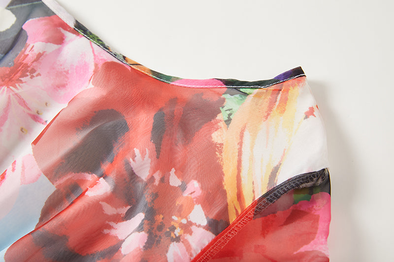 Scenic Landscape Floral Print Bell Sleeve Banded Waist Chiffon Maxi Dress