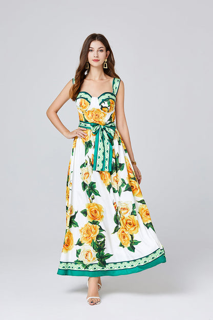 Printed Three Dimensional Chest Pad Sling Dress Slim Fit High Waist Large Swing Dress