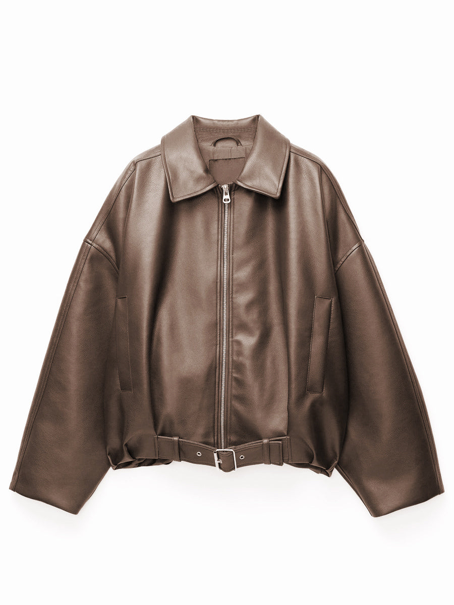 Oversized Faux Leather Bomber Jacket With Belt For Autumn 2026