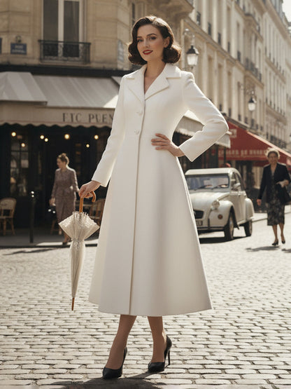 Vintage Classic Lapel A-line Woolen Flared Coat In White For Women 2026