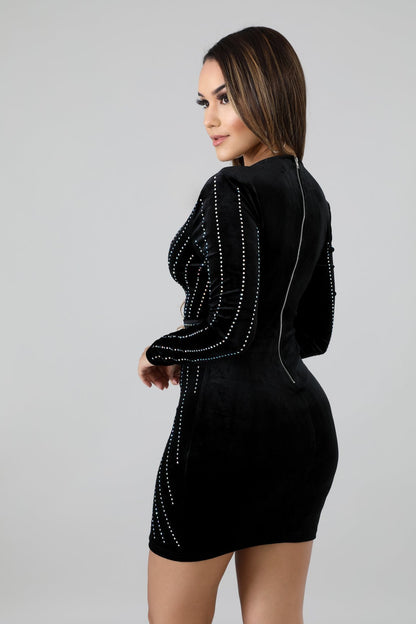 Studded Velvet Wrap Surplice Long Sleeve Bodycon Mini Dress