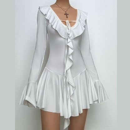 Long flared sleeve v neck self tie ruffle mini dress
