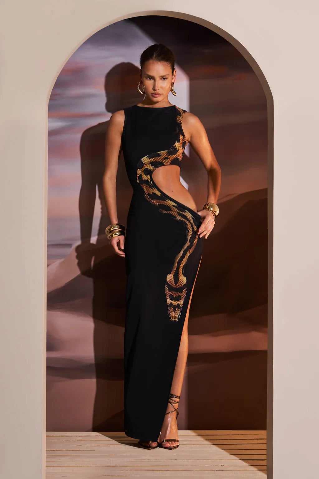 Yetta Snake Printed Cut-out Maxi Dress