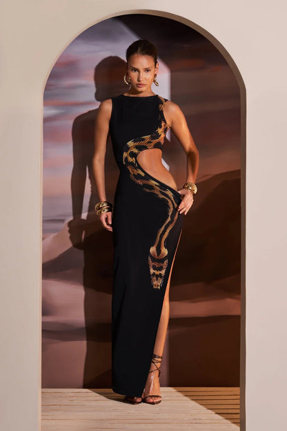Yetta Snake Printed Cut-out Maxi Dress